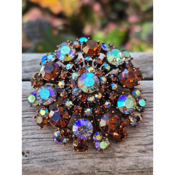 Joan Rivers Jewelry - Vintage Joan Rivers Topaz Aurora Borealis Round Domed Rhinestone Brooch, 2"